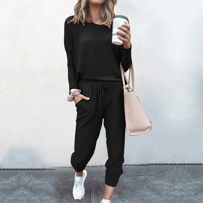 Plain leisure sweater and sweatpants for women