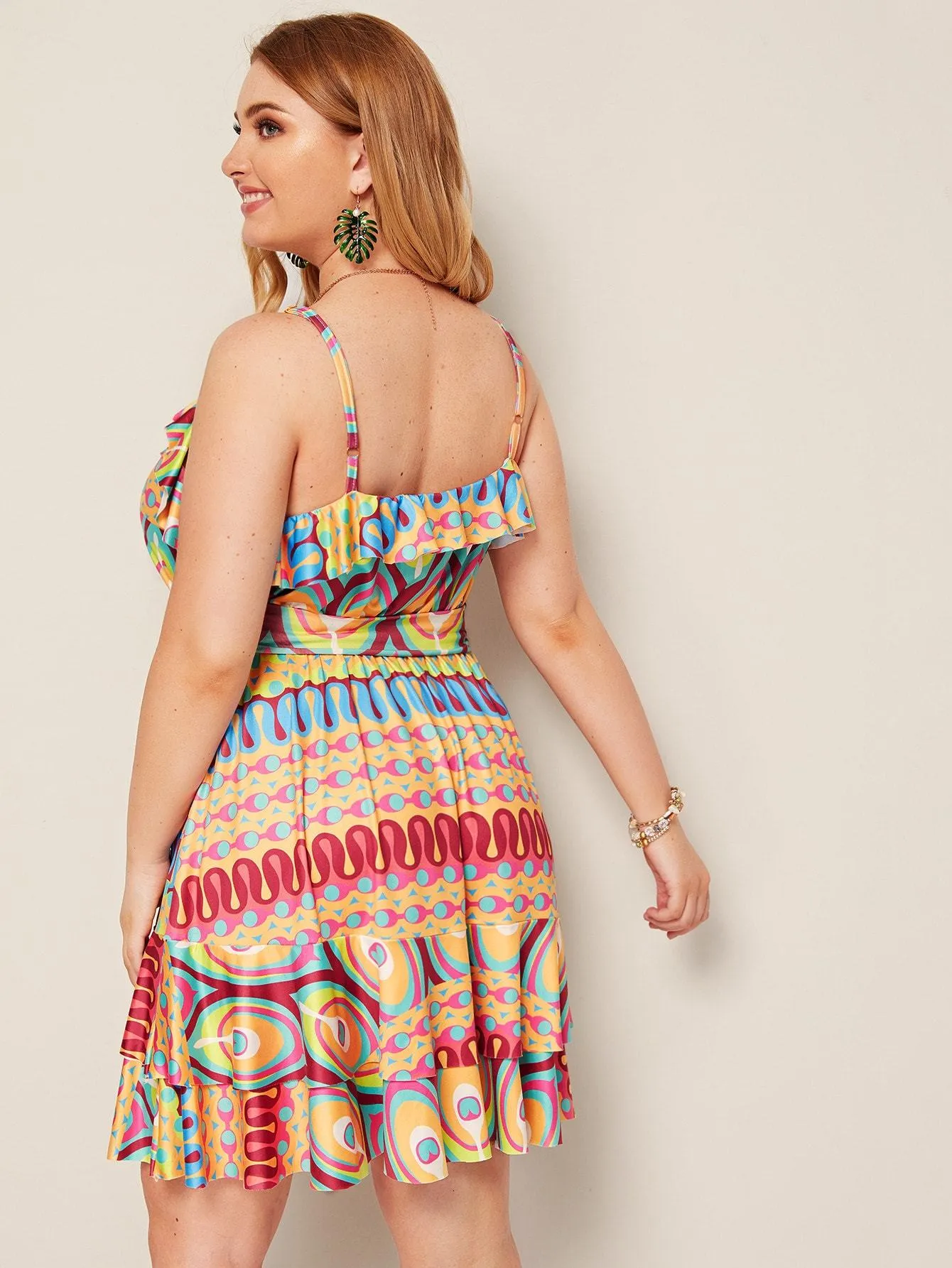 Plus Colorful Geo Print Ruffle Belted Slip Dress