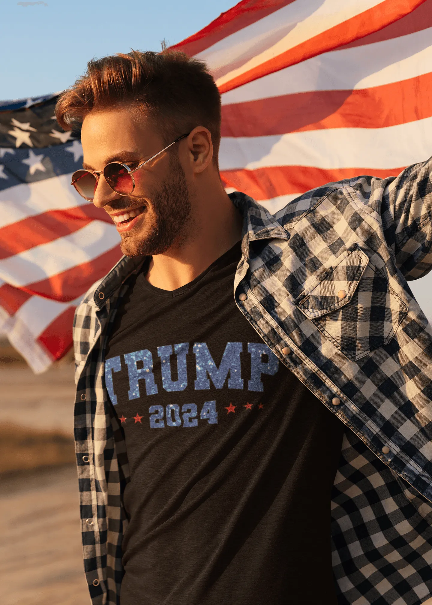 Political T-shirt Sparkiling Trump 2024 Short Sleeve 100% Cotton Crew Neck Top