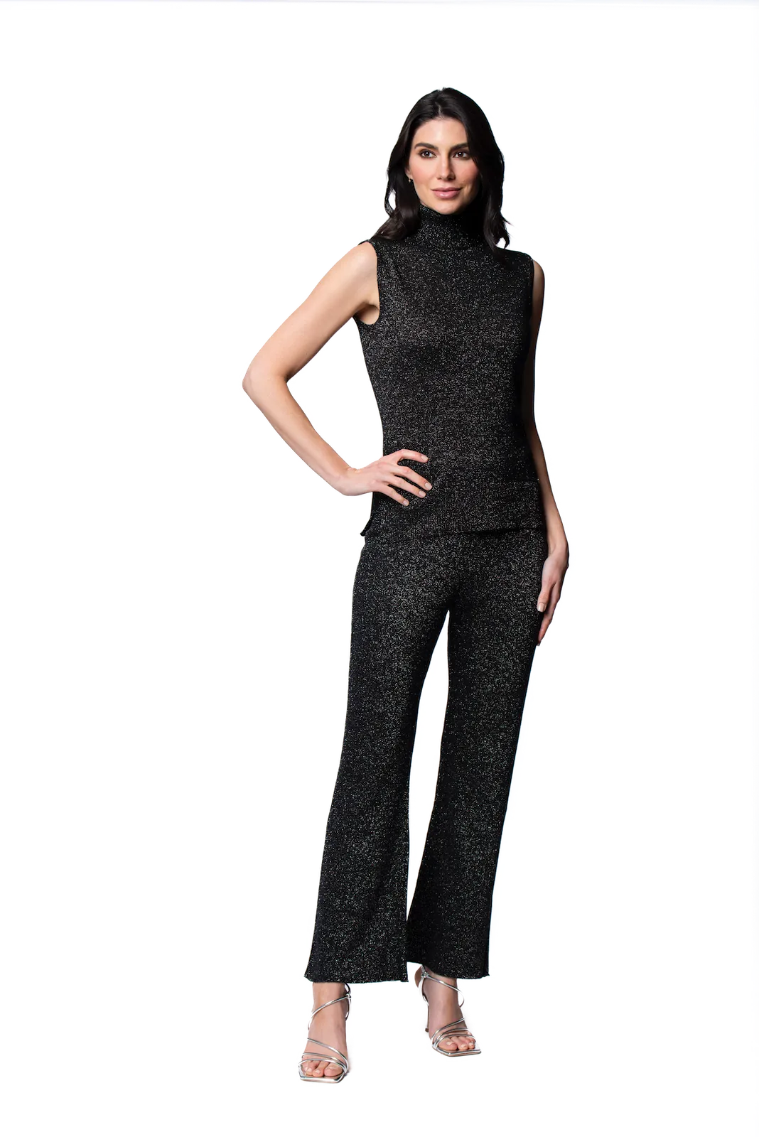 Riley Shimmer Sleeveless Turtleneck Top - Black Shimmer