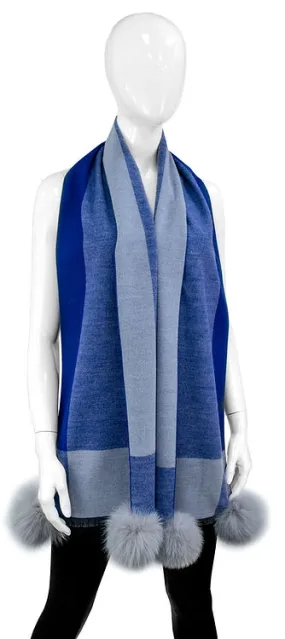Rippe's Furs Checkered Scarf with Fox Fur Poms - Blue