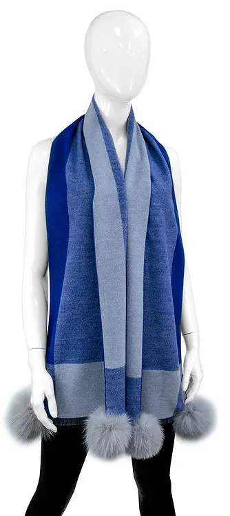Rippe's Furs Checkered Scarf with Fox Fur Poms - Blue