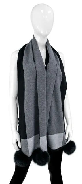 Rippe's Furs Checkered Scarf with Fox Fur Poms - Grey