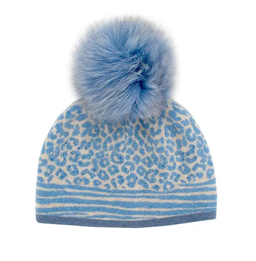 Rippe's Furs Crystal Embellished Animal Print 2 Piece Scarf/Hat Set with Fox Fur Pom - Blue