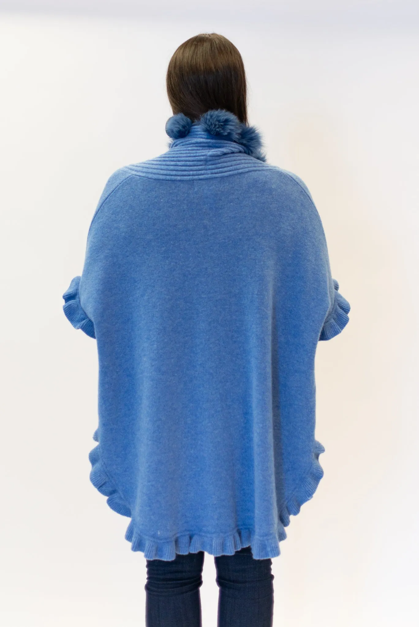 Rippe's Furs Fox Fur Trim Ruffled Wool Wrap - Denim