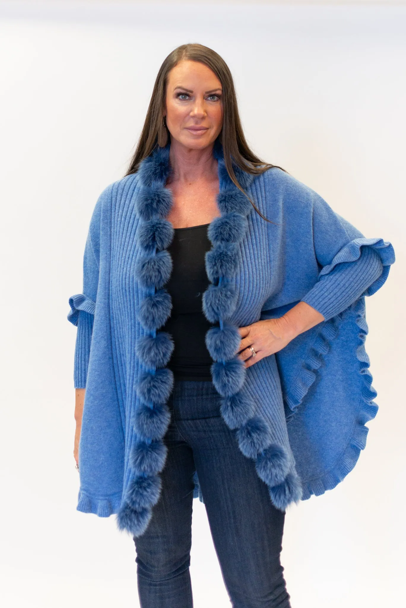 Rippe's Furs Fox Fur Trim Ruffled Wool Wrap - Denim