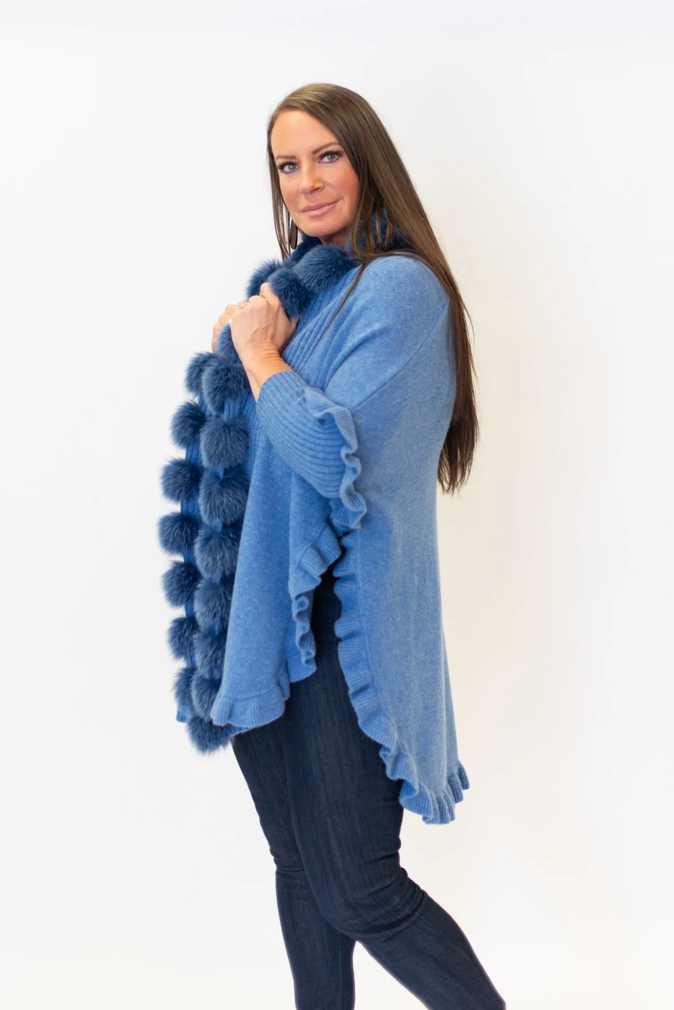 Rippe's Furs Fox Fur Trim Ruffled Wool Wrap - Denim