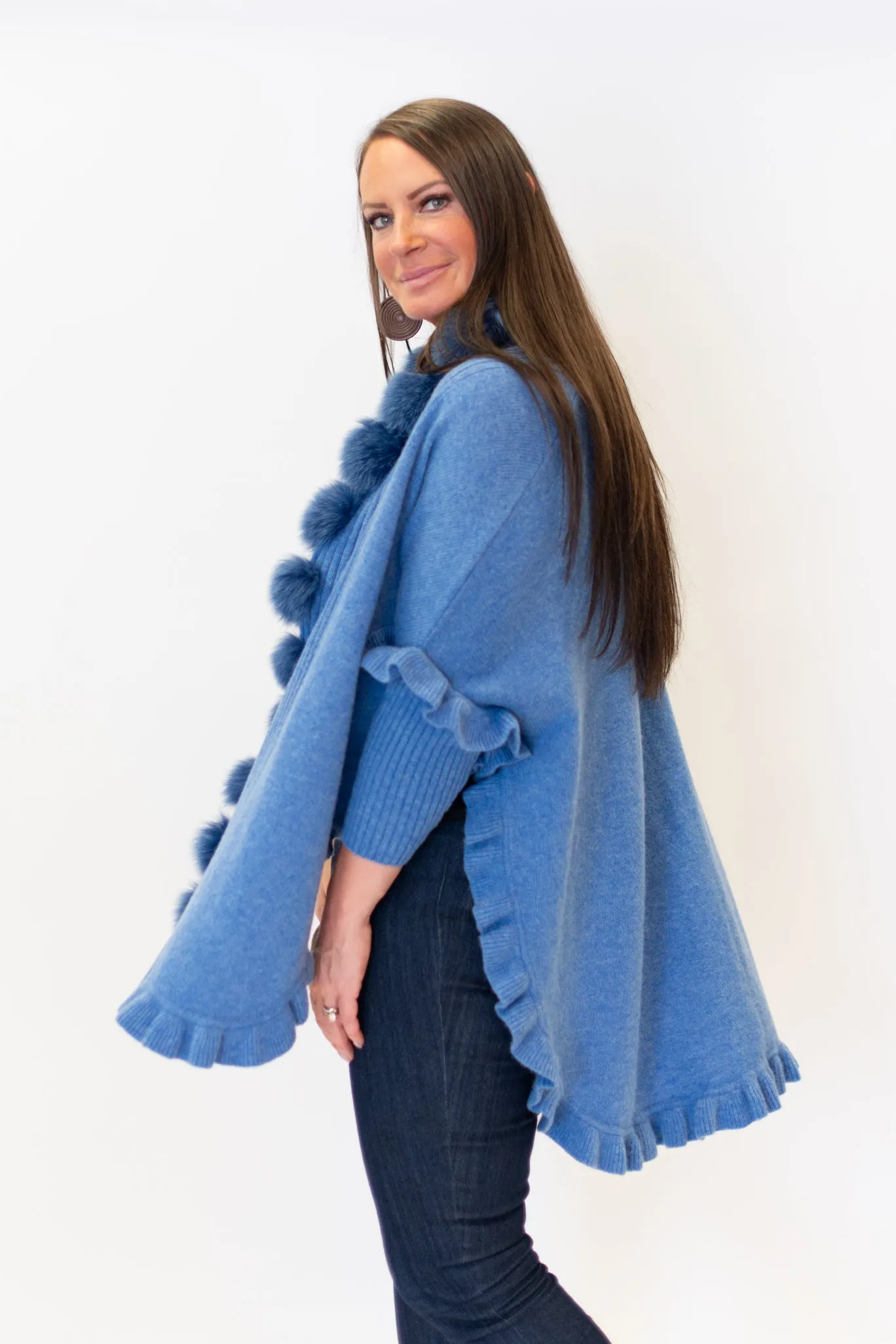 Rippe's Furs Fox Fur Trim Ruffled Wool Wrap - Denim