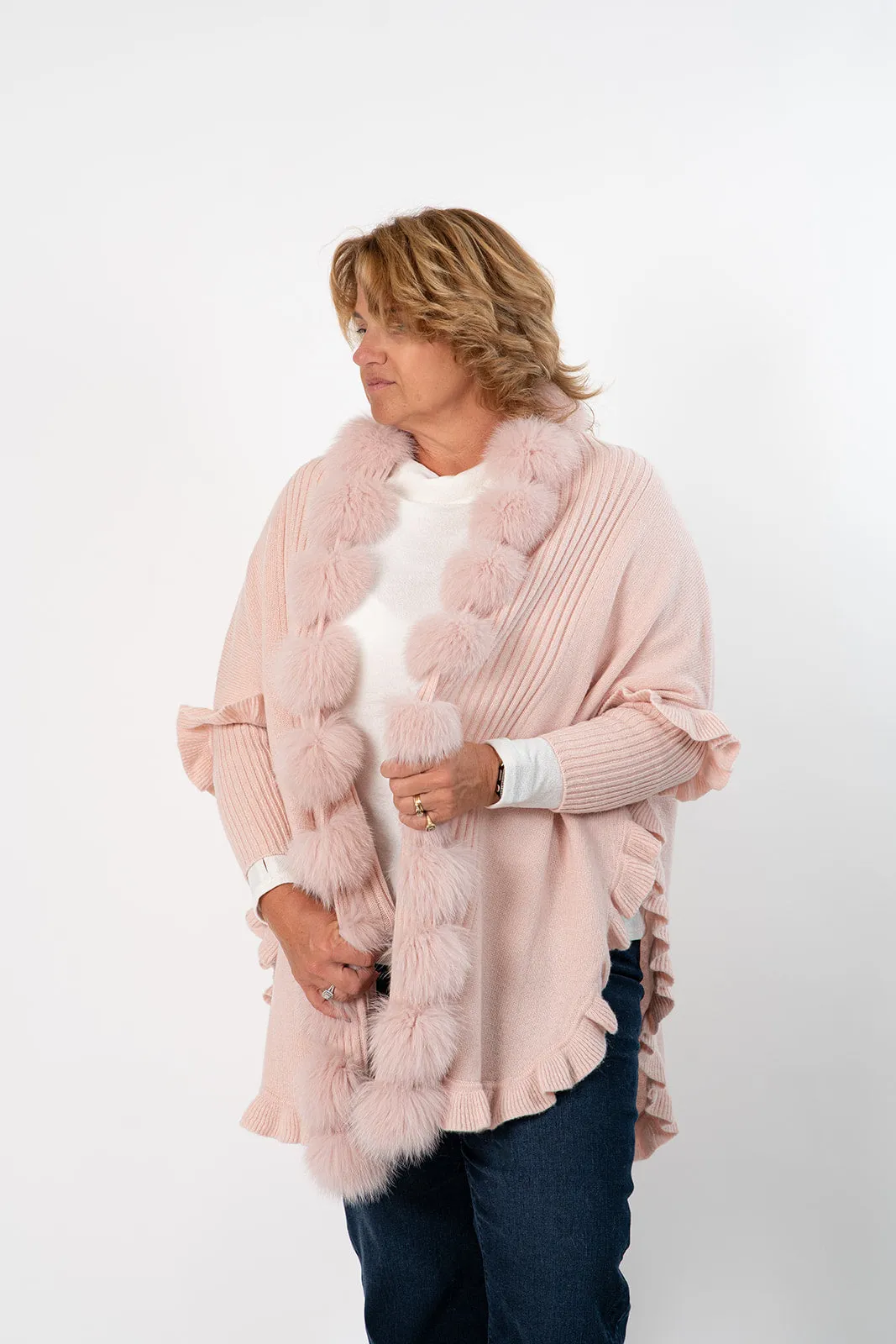 Rippe's Furs Fox Fur Trim Ruffled Wool Wrap - Soft Pink