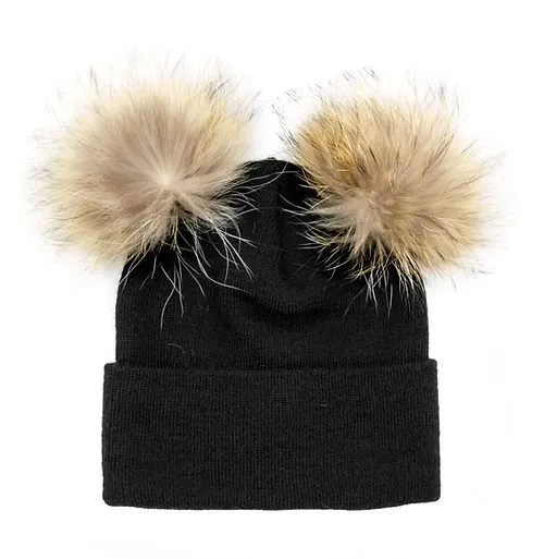 Rippe's Furs Knit Beanie with Finn Raccoon Fur Poms - Black/Natural