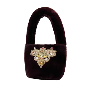 Sandy Faux Fur Jeweled Patch Purse in Burgundy