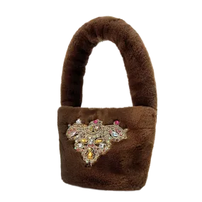 Sandy Faux Fur Jeweled Patch Purse in Oak Brown