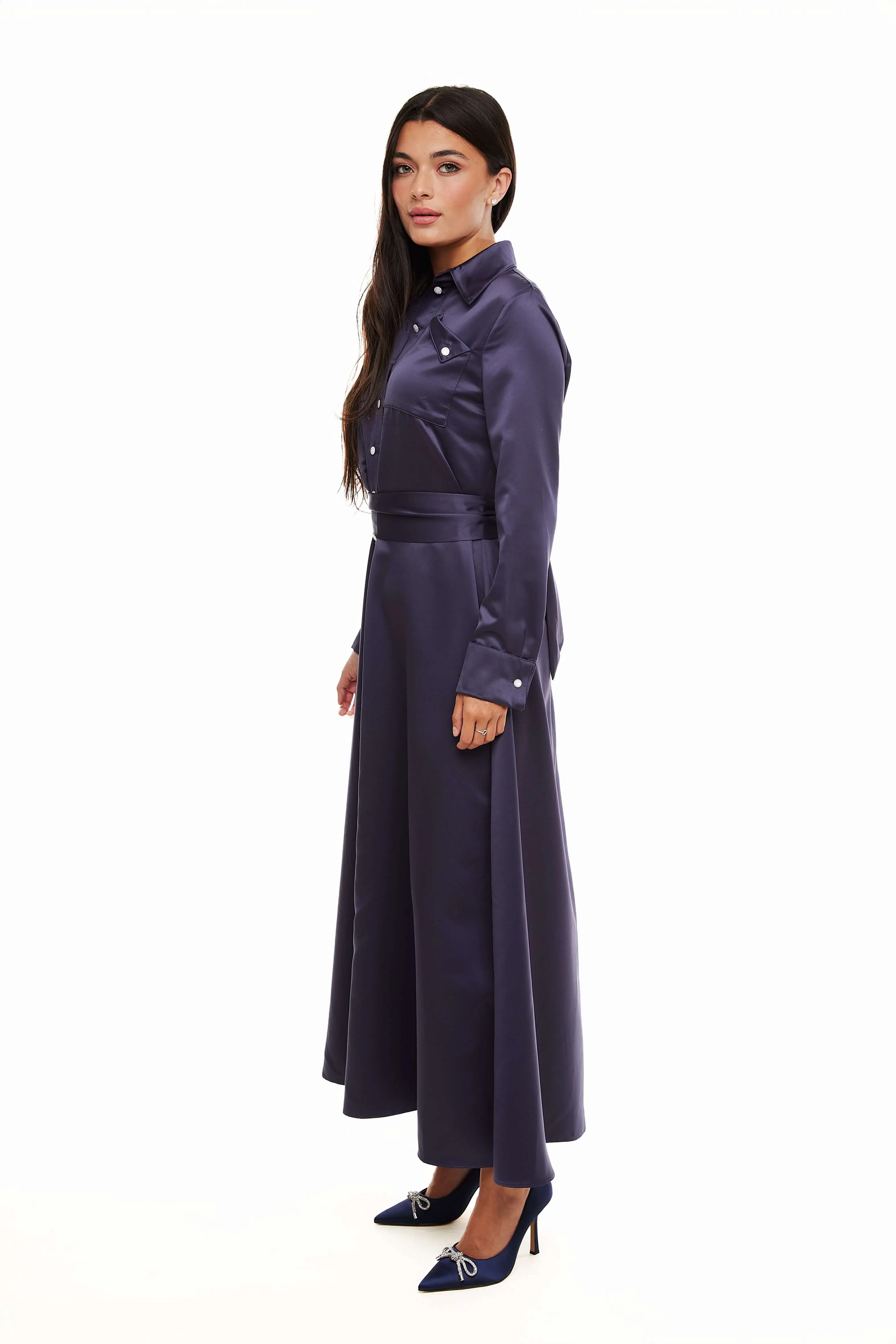 SATIN BELTED MAXI DRESS