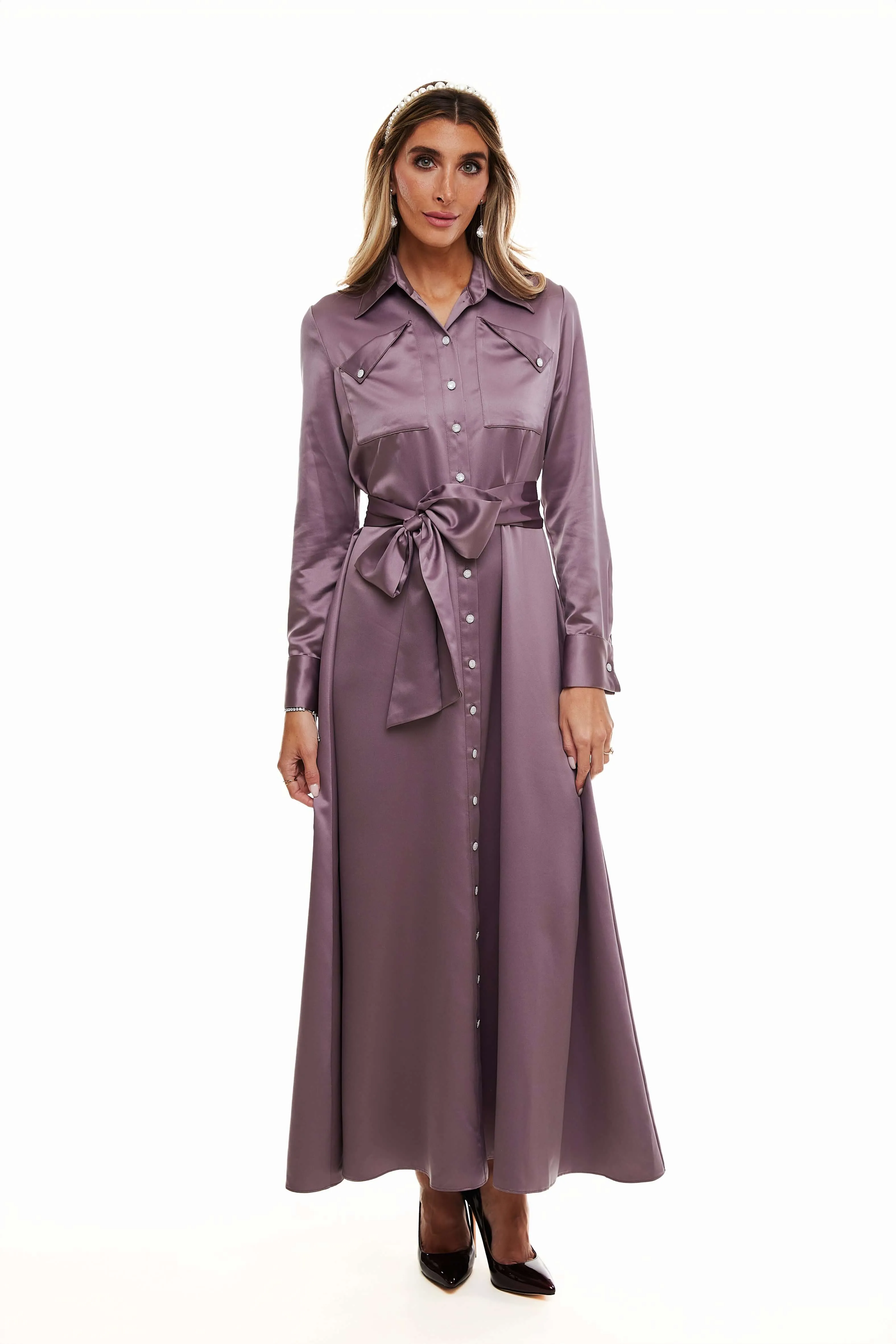 SATIN BELTED MAXI DRESS