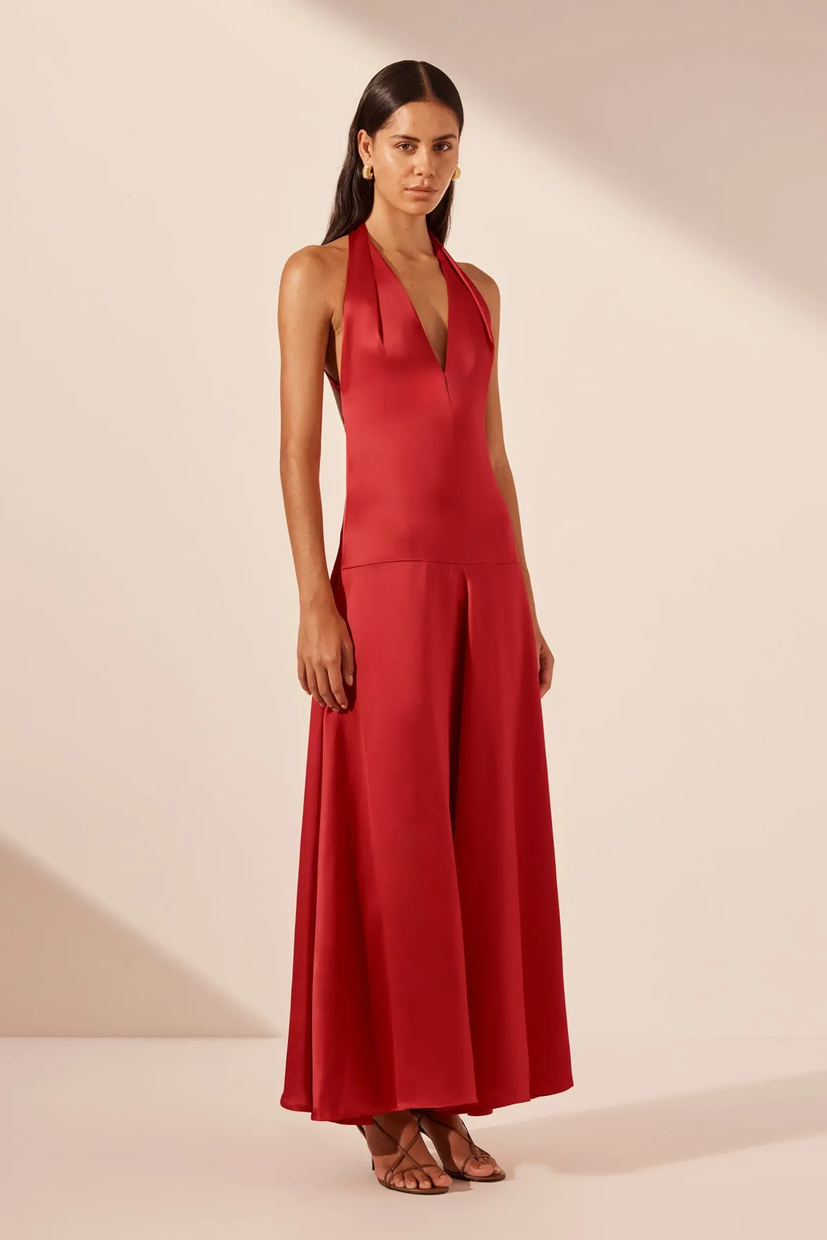 SAVANNA HALTER OPEN BACK MAXI DRESS - CHILLI