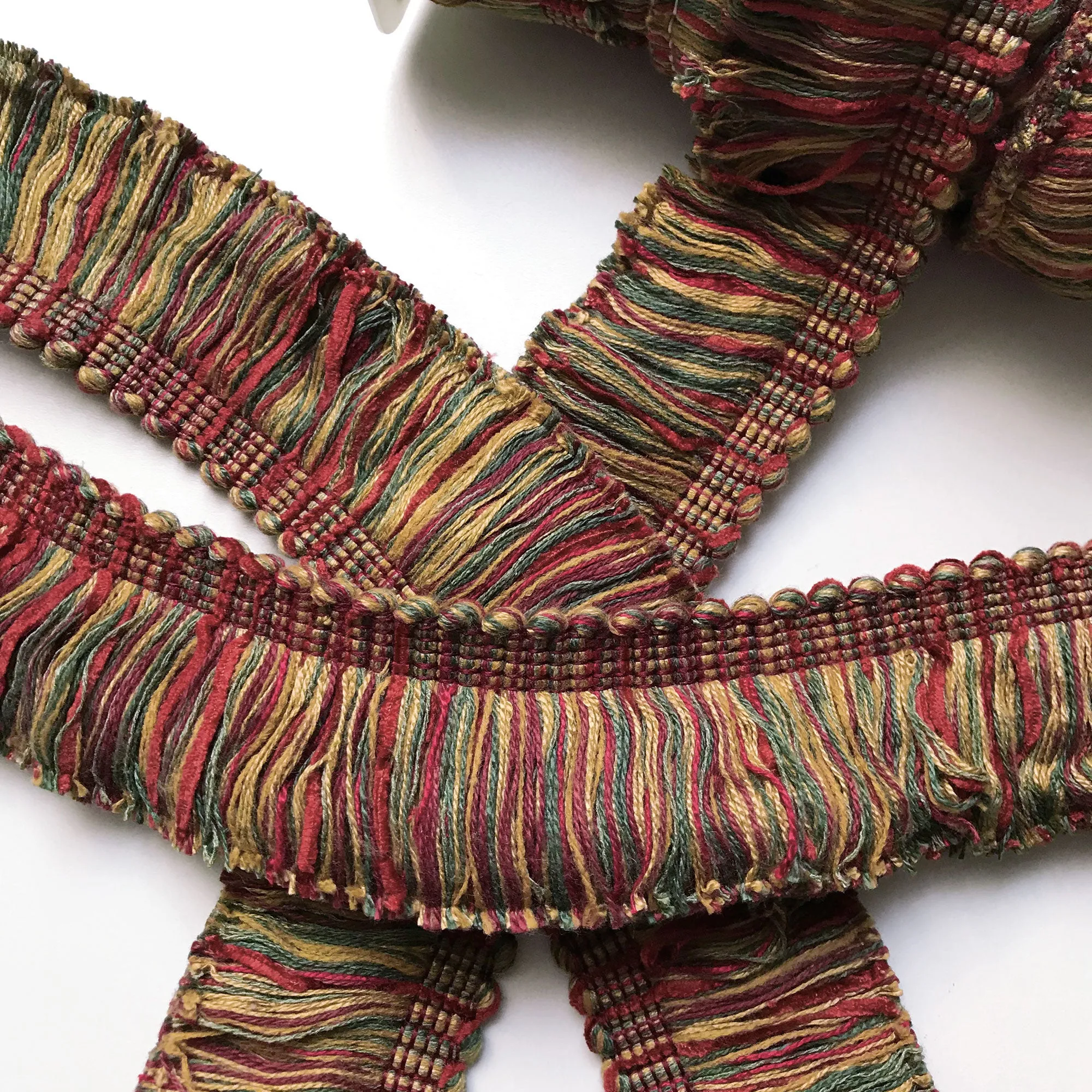 Scarlet and Olive Green High Quality Decorative Brush Fringe Trim by the yard