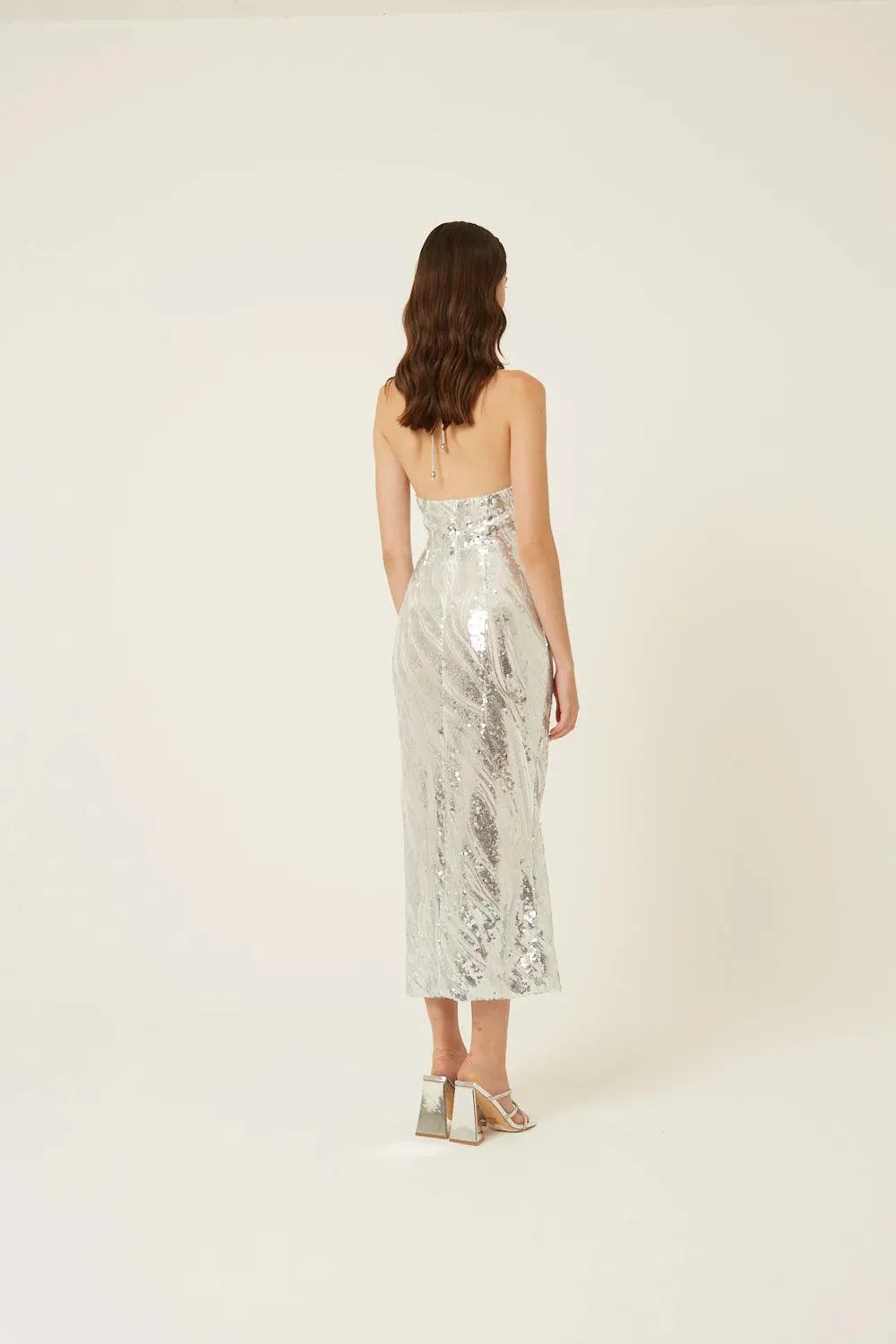 Sequin-Embellished Maxi Dress with Halter Neckline