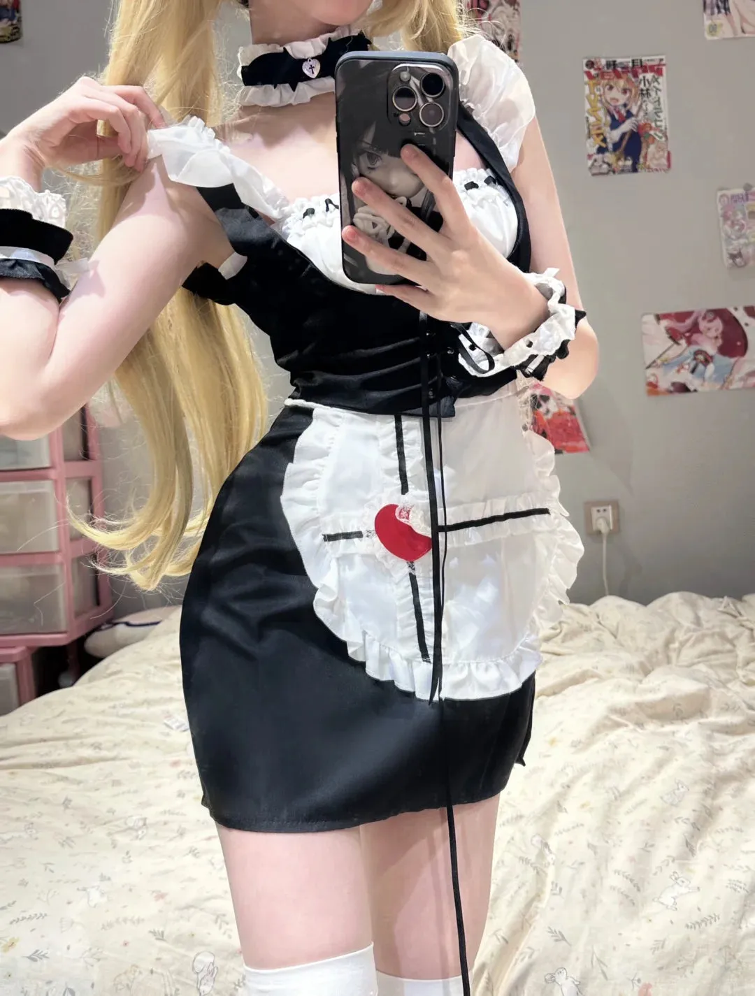 Serendipity Sexy Bleeding Heart Corset Black White Cosplay Maid Dress