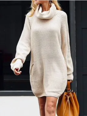 Solid Color High Neck Long Sleeve Knitted Sweater Dress