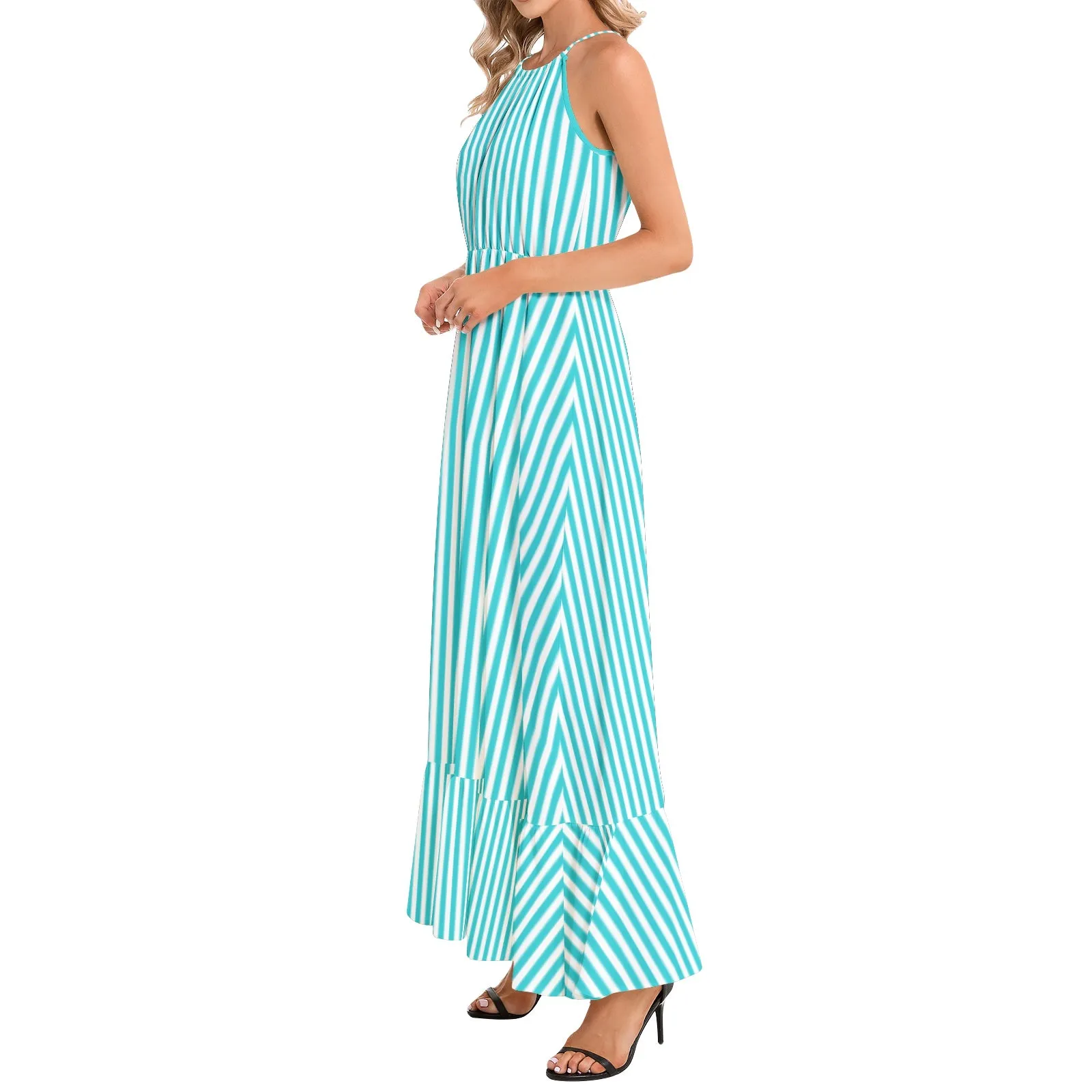 Striped Ruffle Hem Halter Neck Maxi Dress