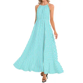 Striped Ruffle Hem Halter Neck Maxi Dress