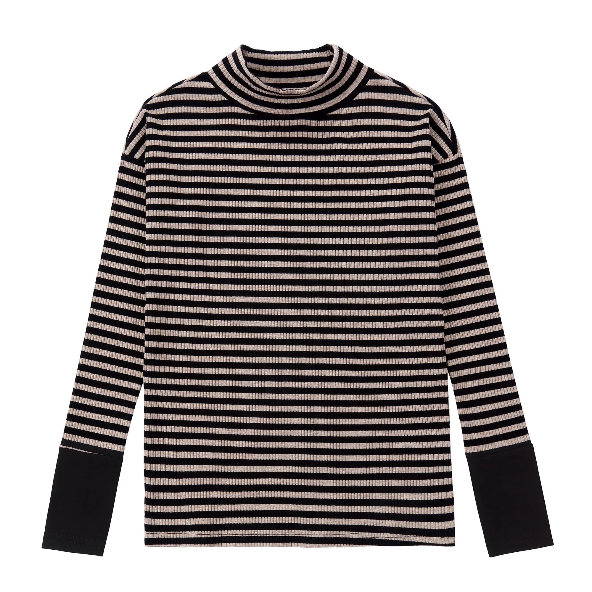 Teens Brown and Black Ribbed Striped Drop-shoulder Turtleneck