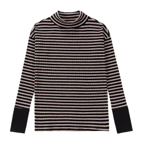 Teens Brown and Black Ribbed Striped Drop-shoulder Turtleneck