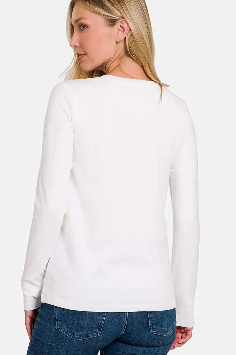 White Full Size Solid Color Round Neck Long Sleeve T-Shirt