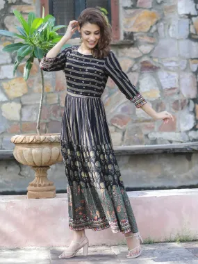 Women Anarkali Black Striped Dress
