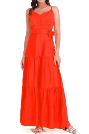 Women Elegent Solid Colored Sleeveless Styled Straped Shoulder Long Length V-Neck Relax Fit Party Dress - C5868JPD