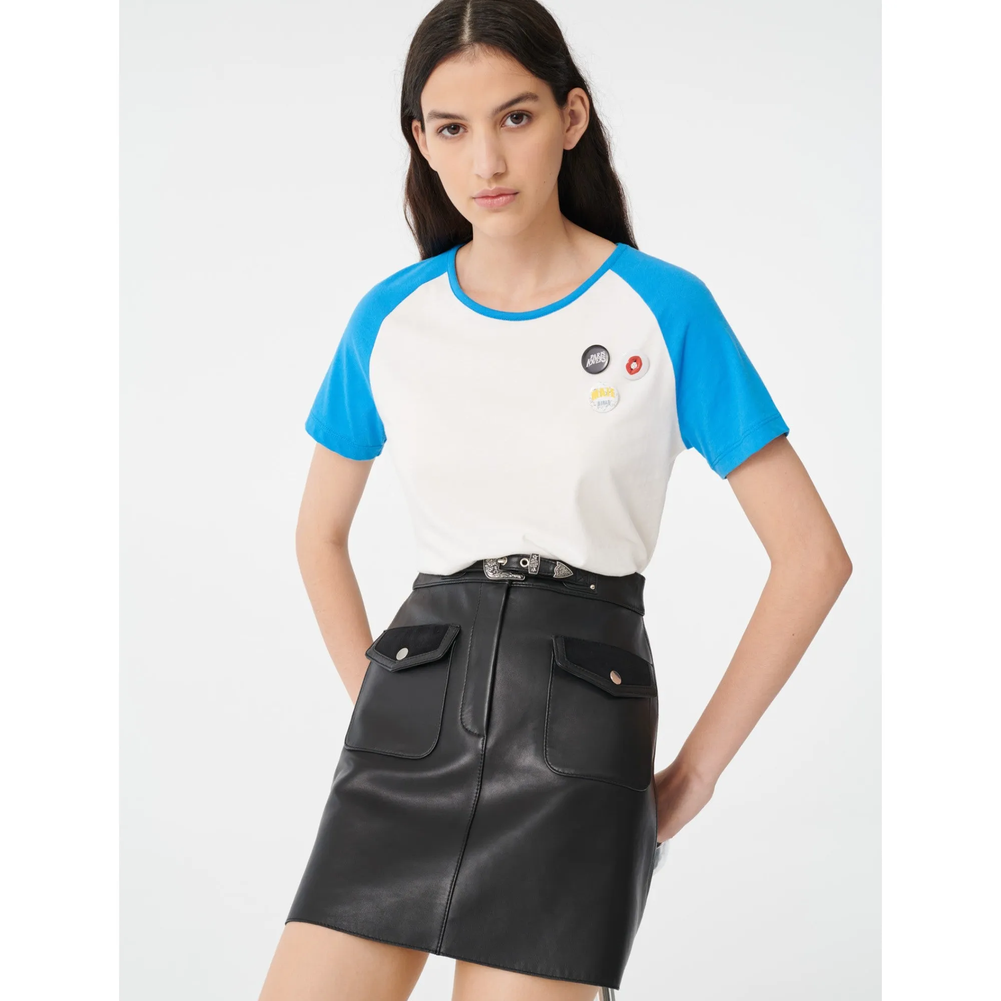 Women T-Shirt With Contrasting Sleeves  - White