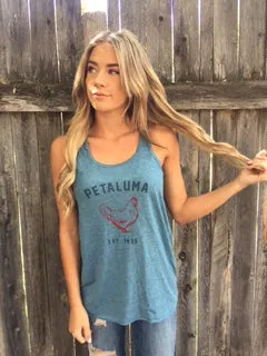 Women's Flowy Racerback Tank- Heather Teal with Luma Vintage Petaluma Chicken