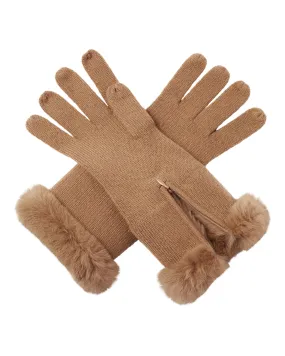 Women's Fur And Cashmere Gloves Dark Camel Brown