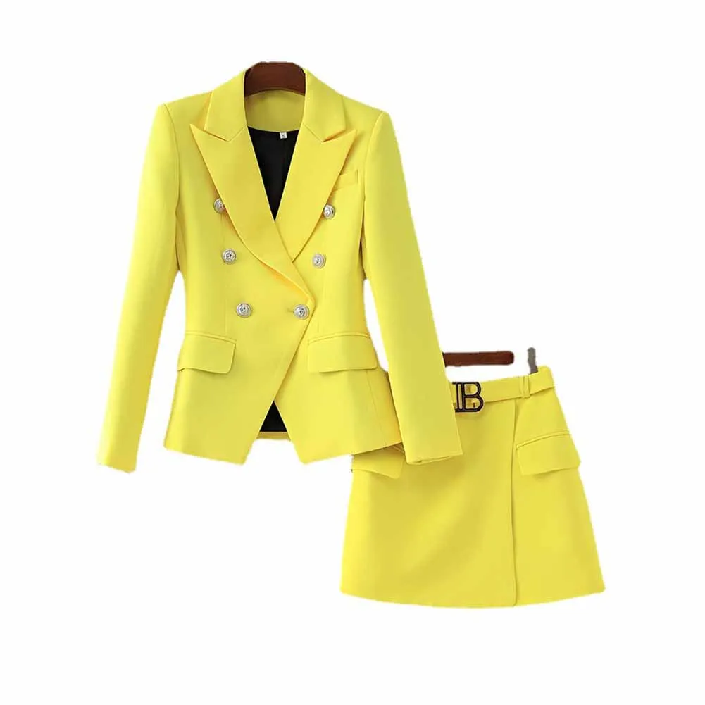Women's Golden Lion Buttons Yellow Skirts Blazer Suit Jacket   High Waist Skirts Belt Suit
