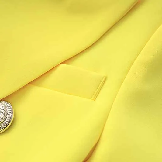 Women's Golden Lion Buttons Yellow Skirts Blazer Suit Jacket   High Waist Skirts Belt Suit