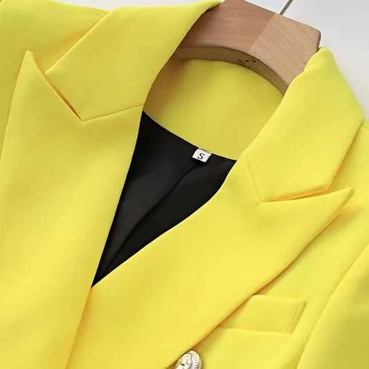 Women's Golden Lion Buttons Yellow Skirts Blazer Suit Jacket   High Waist Skirts Belt Suit