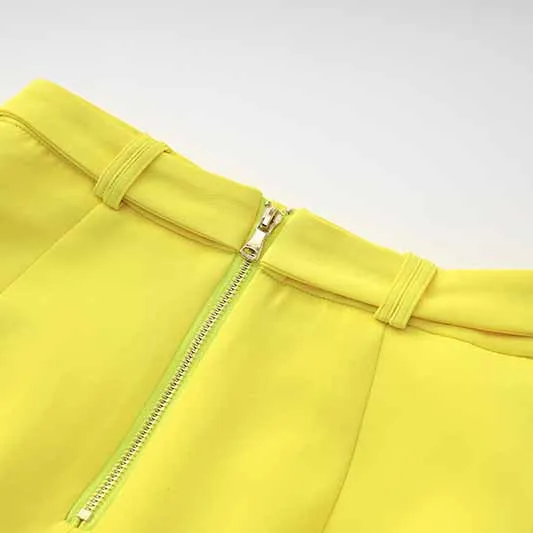 Women's Golden Lion Buttons Yellow Skirts Blazer Suit Jacket   High Waist Skirts Belt Suit