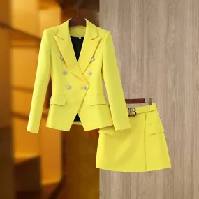 Women's Golden Lion Buttons Yellow Skirts Blazer Suit Jacket   High Waist Skirts Belt Suit
