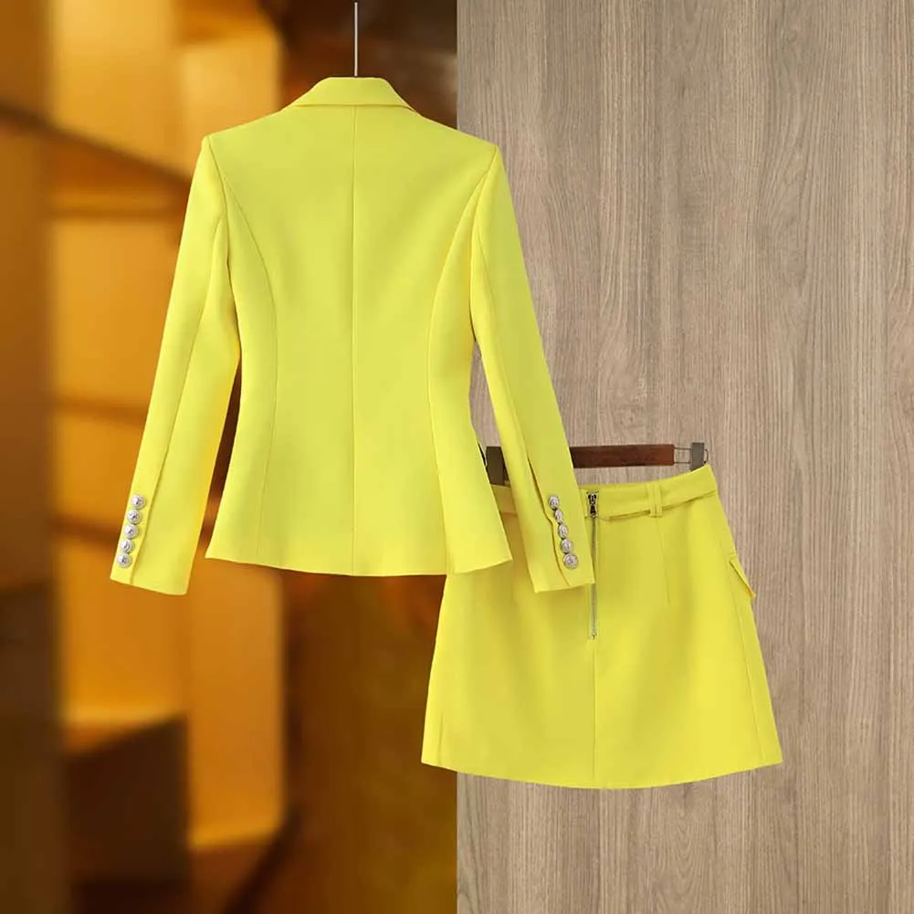 Women's Golden Lion Buttons Yellow Skirts Blazer Suit Jacket   High Waist Skirts Belt Suit