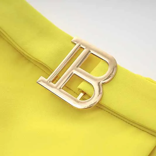 Women's Golden Lion Buttons Yellow Skirts Blazer Suit Jacket   High Waist Skirts Belt Suit