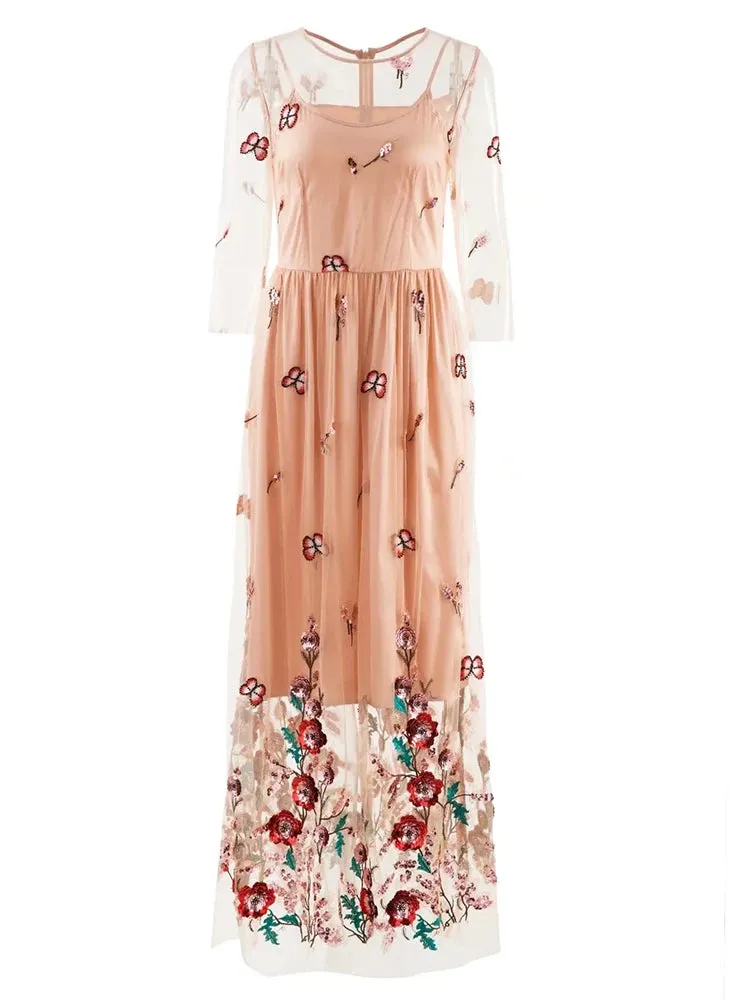 Women's Mesh Embroidery Maxi Dress