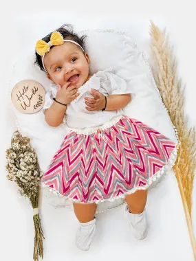 Zig Zag Cotton Printed Baby Girl Skirt With White Frilled Top