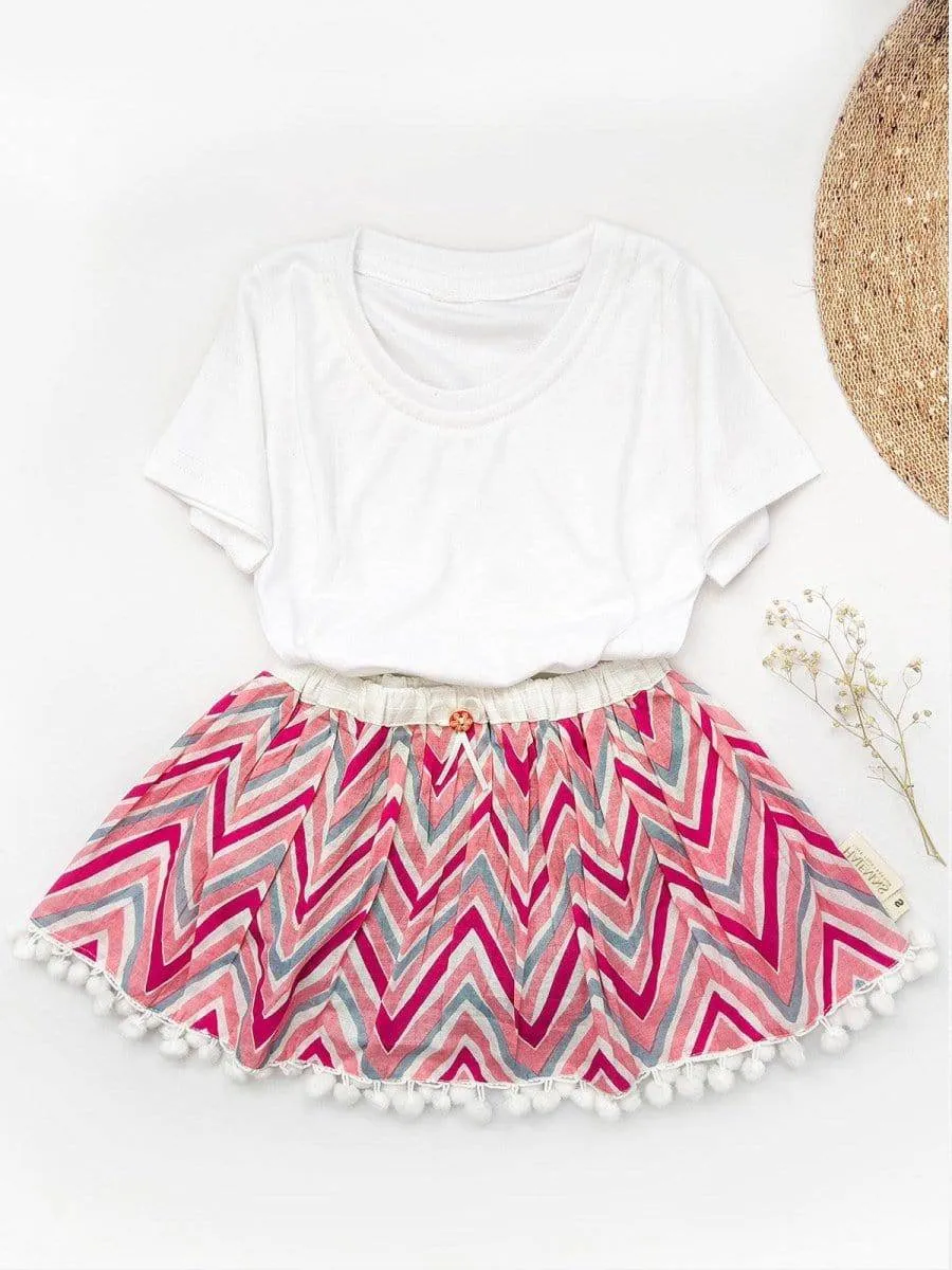 Zig Zag Cotton Printed Baby Girl Skirt With White Frilled Top