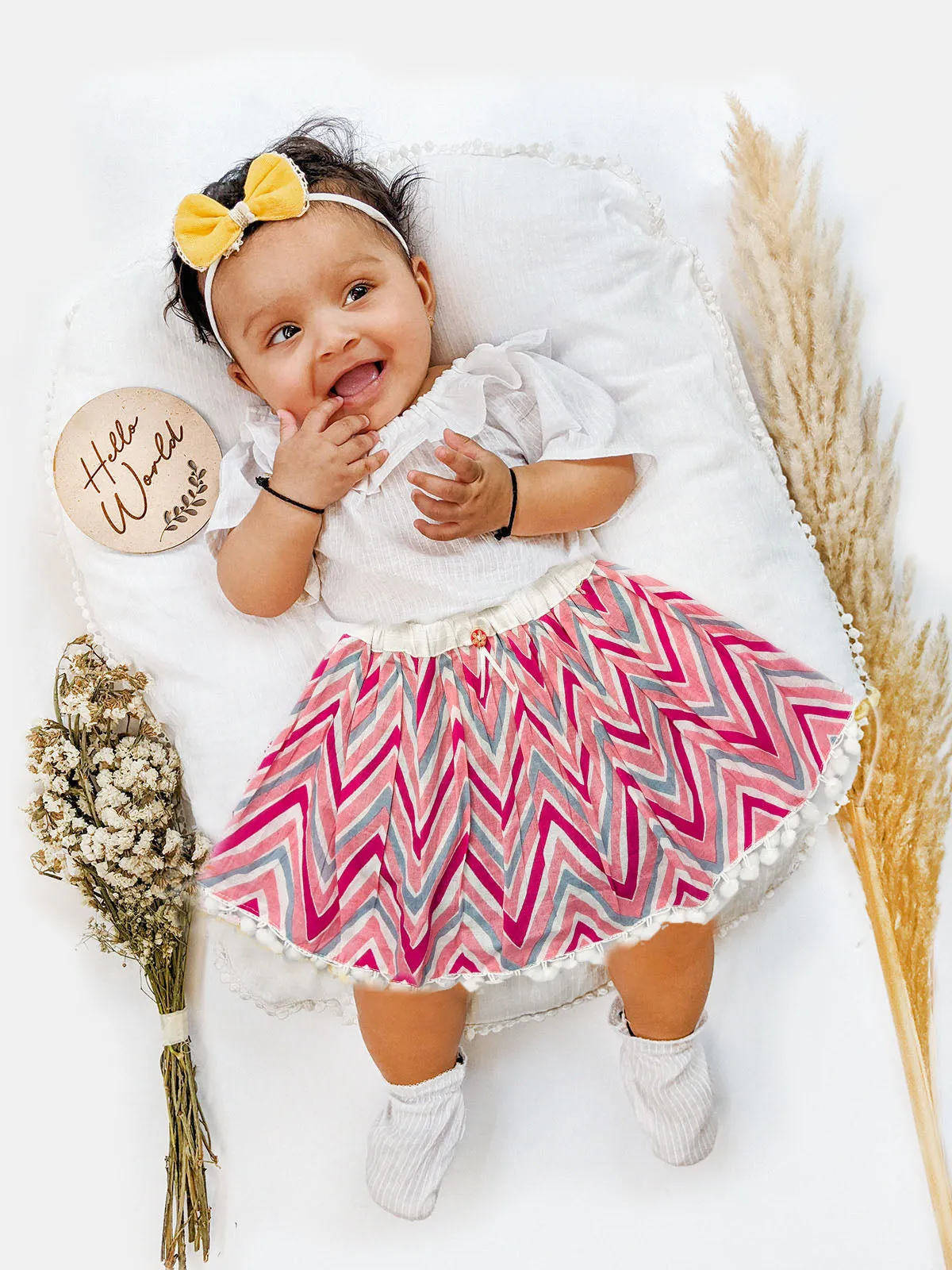 Zig Zag Cotton Printed Baby Girl Skirt With White Frilled Top